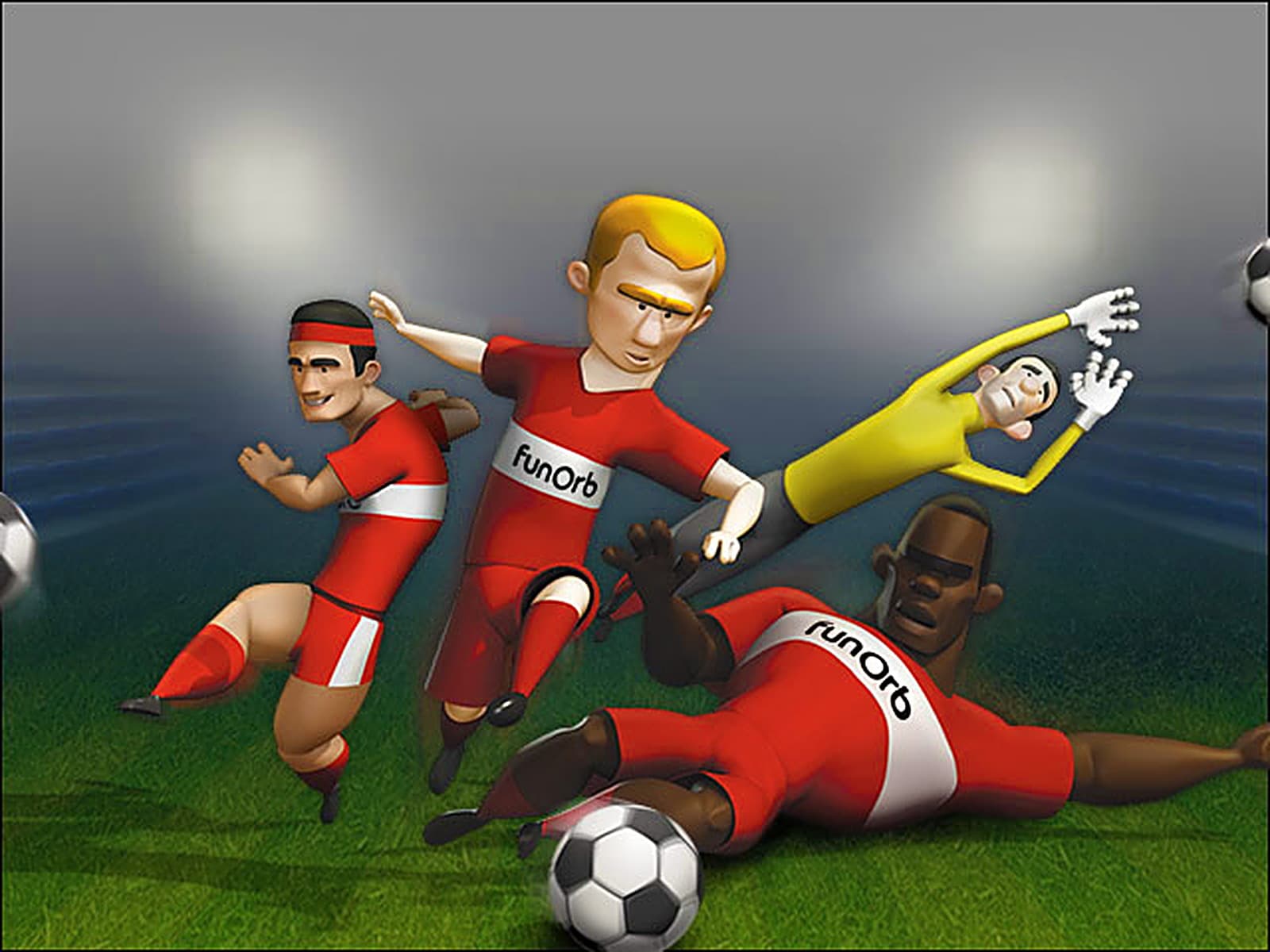 Kickabout League players sliding for the ball in a floodlit stadium